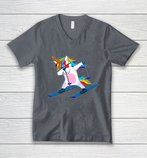 Skiing Unicorn Dabbing Funny Gift V-Neck T-Shirt 5