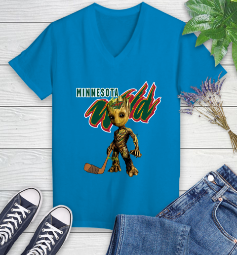 Minnesota Wild NHL Hockey Groot Marvel Guardians Of The Galaxy Women's V-Neck T-Shirt 7