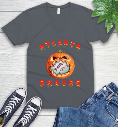 MLB Atlanta Braves Halloween Pumpkin Baseball Sports V-Neck T-Shirt 5