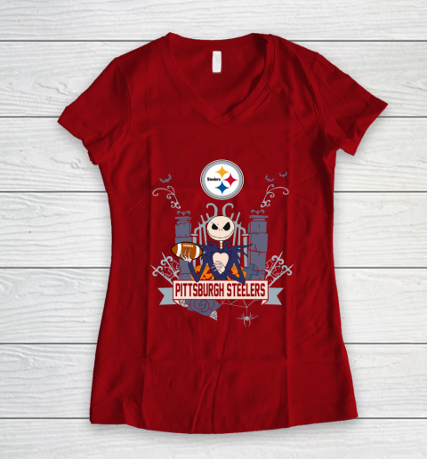 NFL Pittsburgh Steelers Football Jack Skellington Halloween Women's V-Neck T-Shirt 8