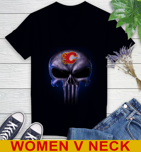 Calgary Flames NHL Hockey Punisher Skull Sports Women's V-Neck T-Shirt