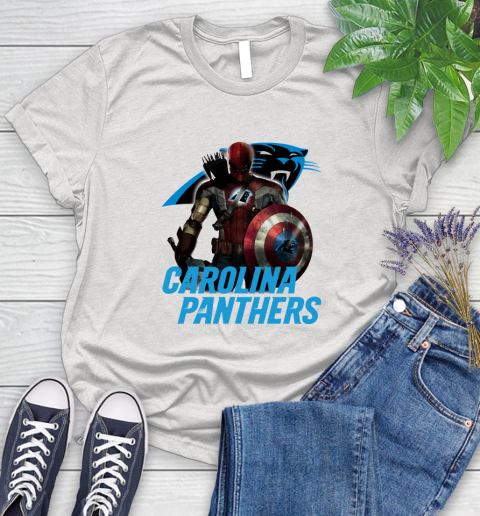 NFL Captain America Thor Spider Man Hawkeye Avengers Endgame Football Carolina Panthers Women's T-Shirt