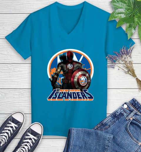 NHL Captain America Thor Spider Man Hawkeye Avengers Endgame Hockey New York Islanders Women's V-Neck T-Shirt 7