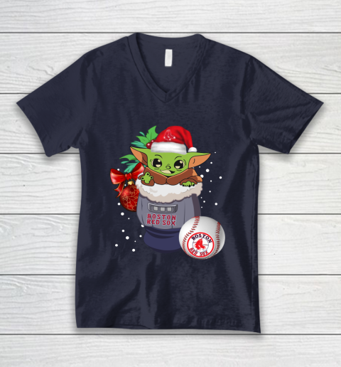 Boston Red Sox Christmas Baby Yoda Star Wars Funny Happy MLB V-Neck T-Shirt 3