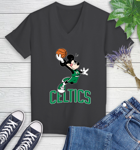 NBA Basketball Boston Celtics Cheerful Mickey Mouse Shirt Women's V-Neck T-Shirt 7