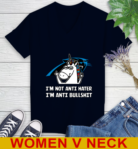 Carolina Panthers NFL Football Unicorn I'm Not Anti Hater I'm Anti Bullshit Women's V-Neck T-Shirt 3