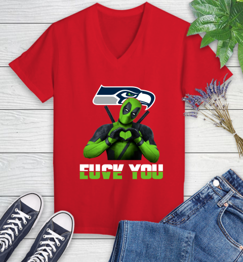 NHL Seattle Seahawks Deadpool Love You Fuck You Football Sports Women's V-Neck T-Shirt 11