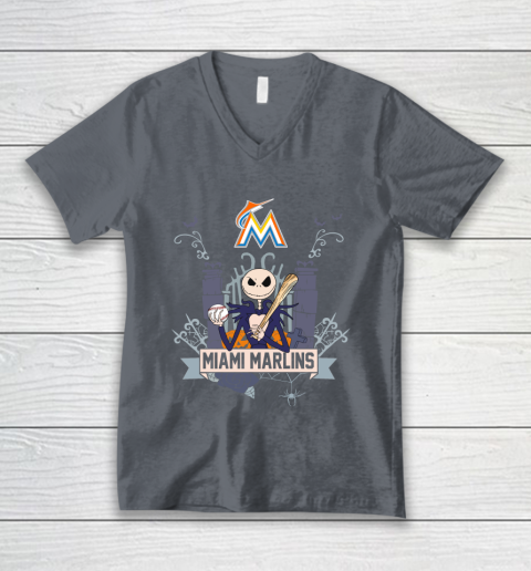 MLB Miami Marlins Baseball Jack Skellington Halloween V-Neck T-Shirt 4