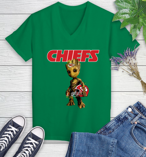 Kansas City Chiefs NFL Football Groot Marvel Guardians Of The Galaxy Women's V-Neck T-Shirt 5