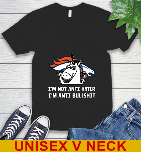 Denver Broncos NFL Football Unicorn I'm Not Anti Hater I'm Anti Bullshit V-Neck T-Shirt 2