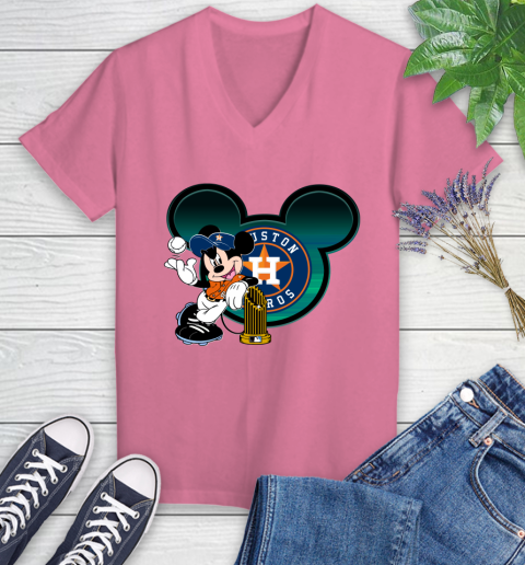 MLB Houston Astros The Commissioner's Trophy Mickey Mouse Disney Women's V-Neck T-Shirt 13