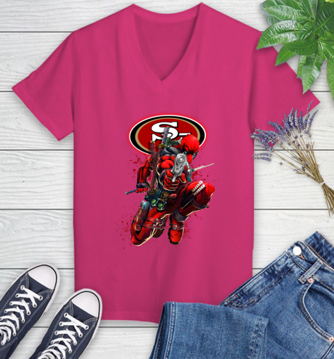 NFL Deadpool Marvel Comics Sports Football San Francisco 49ers Women's V-Neck T-Shirt 9