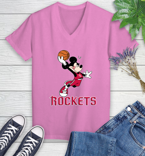 NBA Basketball Houston Rockets Cheerful Mickey Mouse Shirt Women's V-Neck T-Shirt 12