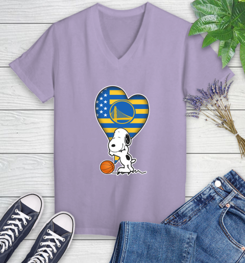 Golden State Warriors NBA Basketball The Peanuts Movie Adorable Snoopy Women's V-Neck T-Shirt 14