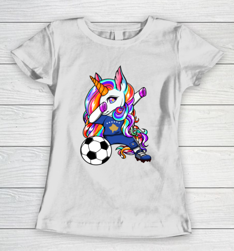 Dabbing Unicorn Kosovo Soccer Fans Jersey Kosovar Football Women's T-Shirt