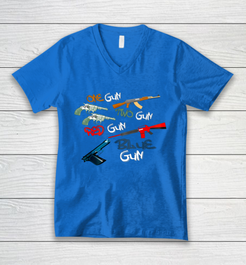 One Gun Two Gun Red Gun Blue Gun Funny V-Neck T-Shirt 5