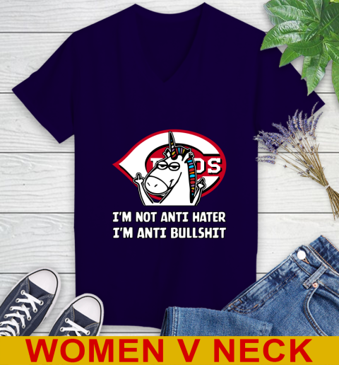 Cincinnati Reds MLB Baseball Unicorn I'm Not Anti Hater I'm Anti Bullshit Women's V-Neck T-Shirt 4