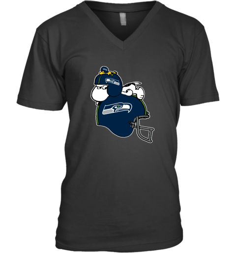 Snoopy And Woodstock Resting On Seattle Seahawks Helmet V-Neck T-Shirt