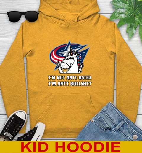 Columbus Blue Jackets NHL Hockey Unicorn I'm Not Anti Hater I'm Anti Bullshit Youth Hoodie 3