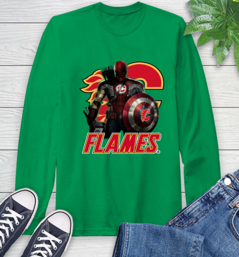 NHL Captain America Thor Spider Man Hawkeye Avengers Endgame Hockey Calgary Flames Long Sleeve T-Shirt 7