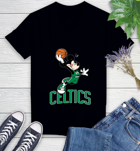 NBA Basketball Boston Celtics Cheerful Mickey Mouse Shirt Women's V-Neck T-Shirt