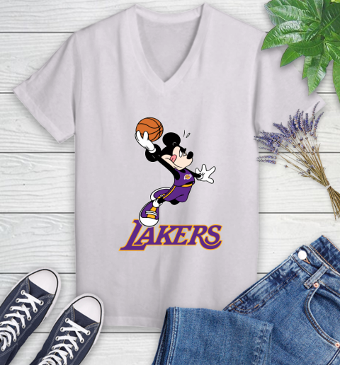 NBA Basketball Los Angeles Lakers Cheerful Mickey Mouse Shirt Women's V-Neck T-Shirt 2
