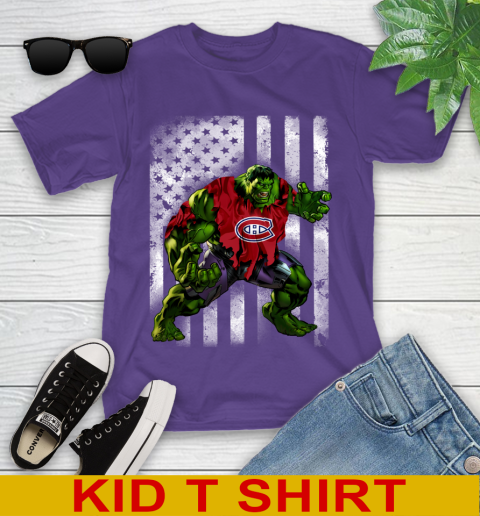 Montreal Canadiens Hulk Marvel Avengers NHL Hockey American Flag Youth T-Shirt 3