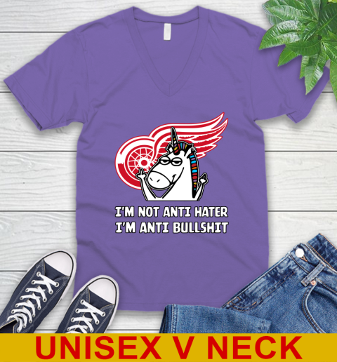 Detroit Red Wings NHL Hockey Unicorn I'm Not Anti Hater I'm Anti Bullshit V-Neck T-Shirt 9