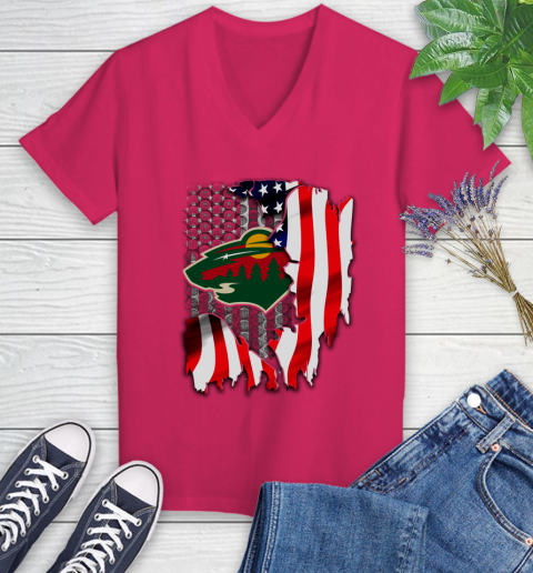 Minnesota Wild NHL Hockey American Flag Women's V-Neck T-Shirt 9