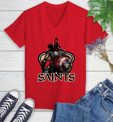 NFL Captain America Thor Spider Man Hawkeye Avengers Endgame Football New Orleans Saints Women's V-Neck T-Shirt 12