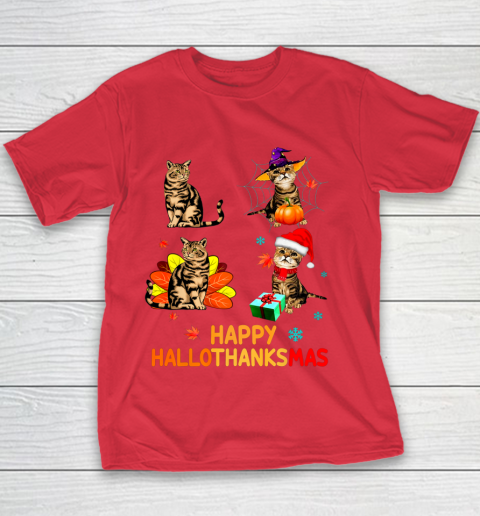 Cat Halloween Thanksgiving Christmas Happy Hallothanksmas Youth T-Shirt 7
