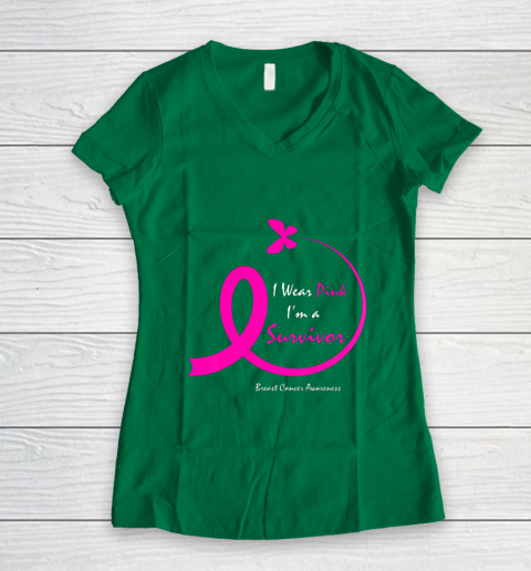 Womens Butterfly I Wear Pink I m A Survivor Breast Cancer Awareness Women's V-Neck T-Shirt 3