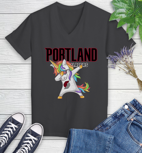 Portland Trail Blazers NBA Basketball Funny Unicorn Dabbing Sports Women's V-Neck T-Shirt 8