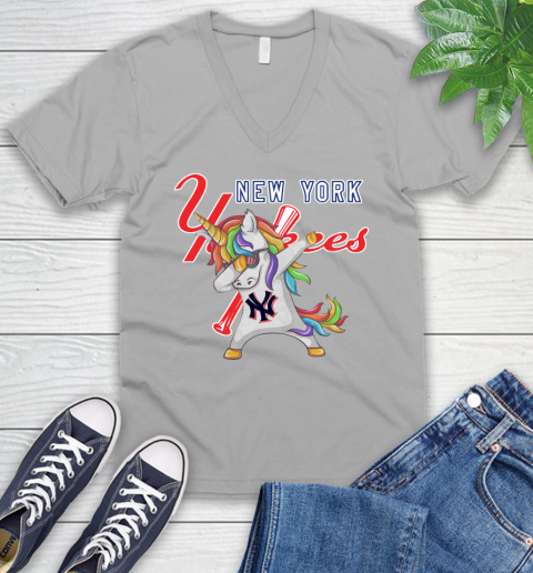New York Yankees MLB Baseball Funny Unicorn Dabbing Sports V-Neck T-Shirt 4