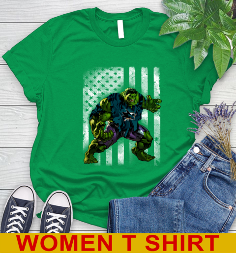 San Jose Sharks Hulk Marvel Avengers NHL Hockey American Flag Women's T-Shirt 7
