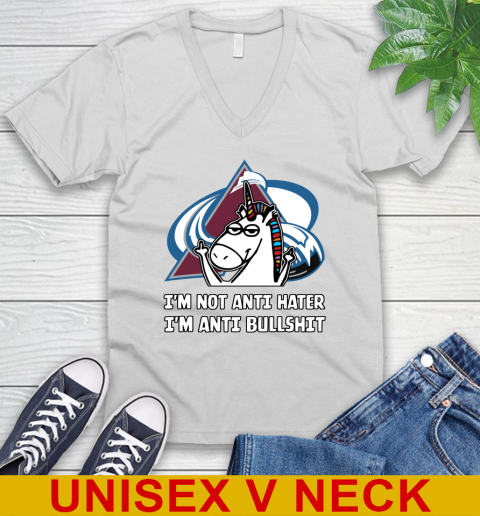 Colorado Avalanche NHL Hockey Unicorn I'm Not Anti Hater I'm Anti Bullshit V-Neck T-Shirt