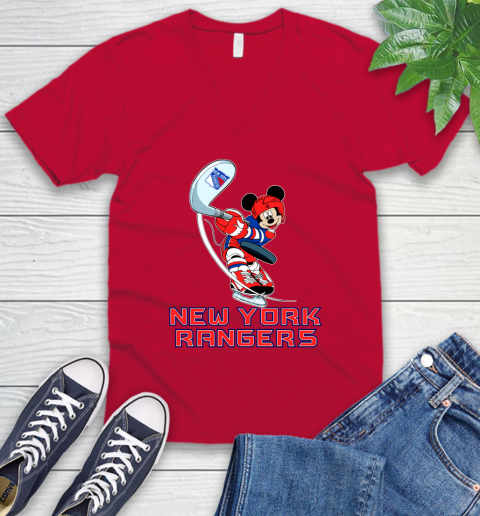 NHL Hockey New York Rangers Cheerful Mickey Mouse Shirt V-Neck T-Shirt 7