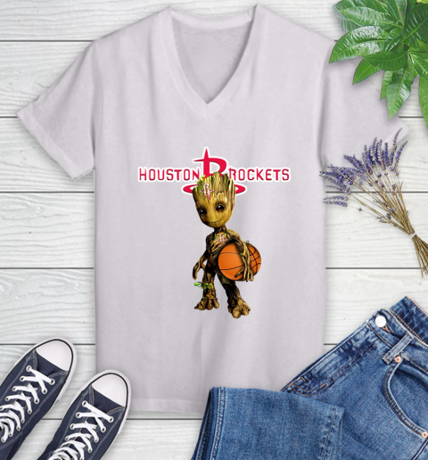 Houston Rockets NBA Basketball Groot Marvel Guardians Of The Galaxy Women's V-Neck T-Shirt