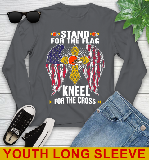 NFL Football Cleveland Browns Stand For Flag Kneel For The Cross Shirt Youth Long Sleeve 9