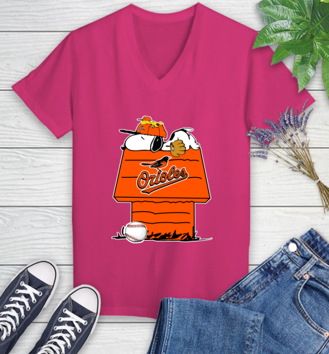 MLB Baltimore Orioles Snoopy Woodstock The Peanuts Movie Baseball T Shirt Women's V-Neck T-Shirt 9
