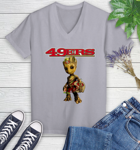 San Francisco 49ers NFL Football Groot Marvel Guardians Of The Galaxy Women's V-Neck T-Shirt 4