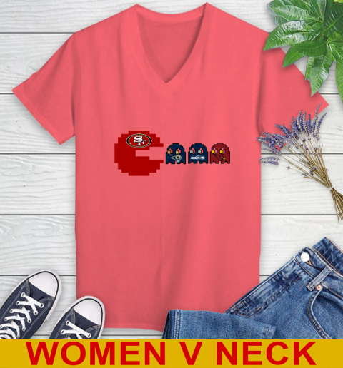 San Francisco 49ers NFL Football Pac Man Champion Women's V-Neck T-Shirt 7