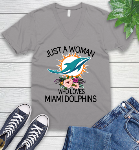 NFL Just A Woman Who Loves Miami Dolphins Football Sports V-Neck T-Shirt 2