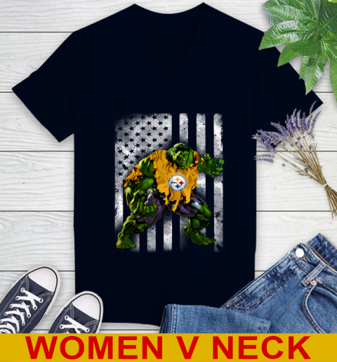 Pittsburgh Steelers Hulk Marvel Avengers NFL Football American Flag Women's V-Neck T-Shirt - Image 3