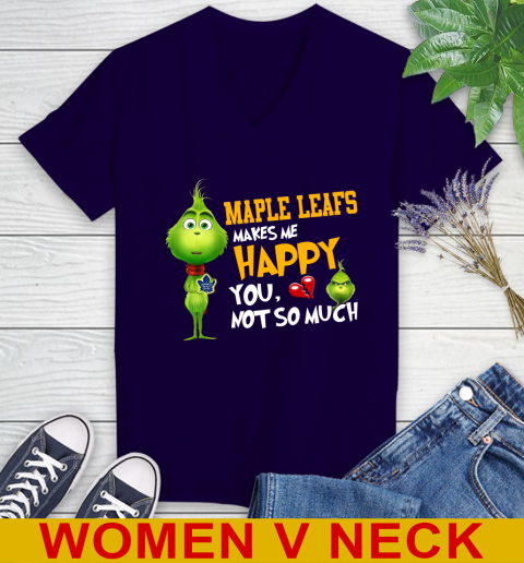 NHL Toronto Maple Leafs Makes Me Happy You Not So Much Grinch Hockey Sports Women's V-Neck T-Shirt 3