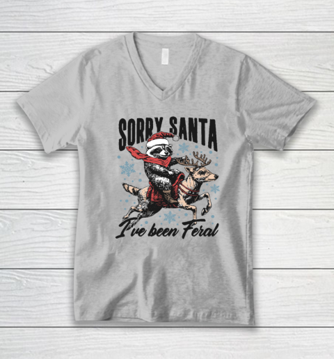 Vintage Sorry Santa I've Been Feral Raccoon Riding Horse Christmas V-Neck T-Shirt 2