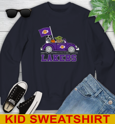 NBA Basketball Los Angeles Lakers Darth Vader Baby Yoda Driving Star Wars Shirt Youth Sweatshirt 3