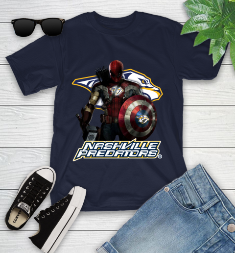NHL Captain America Thor Spider Man Hawkeye Avengers Endgame Hockey Nashville Predators Youth T-Shirt 3