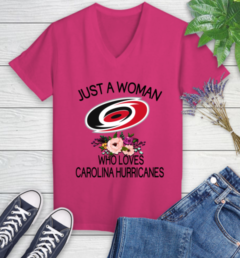 NHL Just A Woman Who Loves Carolina Hurricanes Hockey Sports Women's V-Neck T-Shirt 5