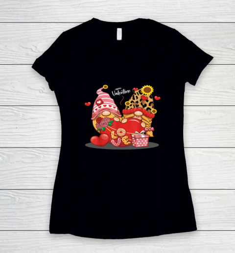 Happy Valentines Day Gnomes with Leopard Sunflower Valentine Women's V-Neck T-Shirt